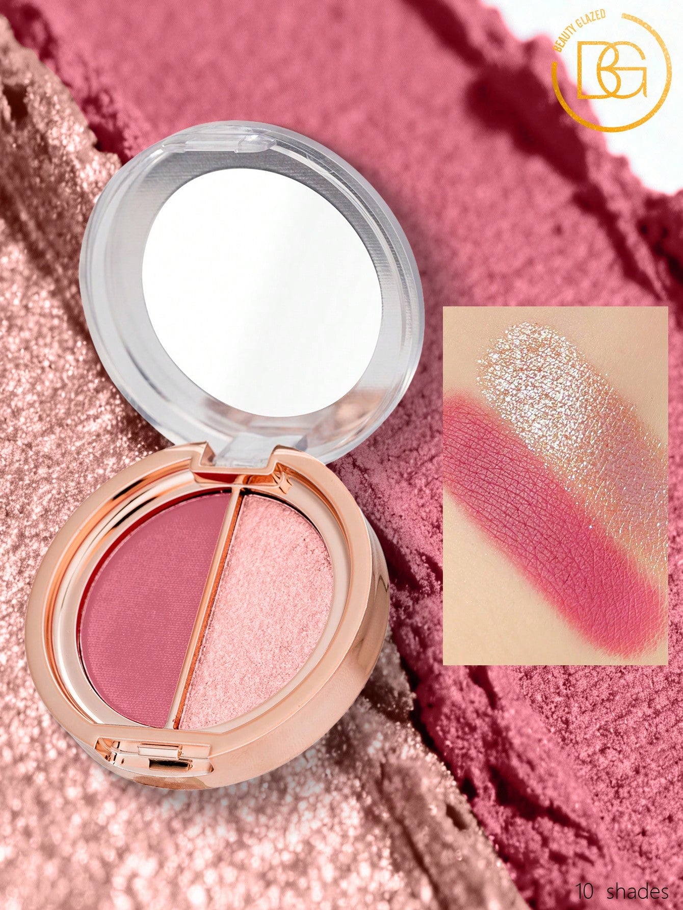 Pink makeup compact with mirror on a pink glittery background