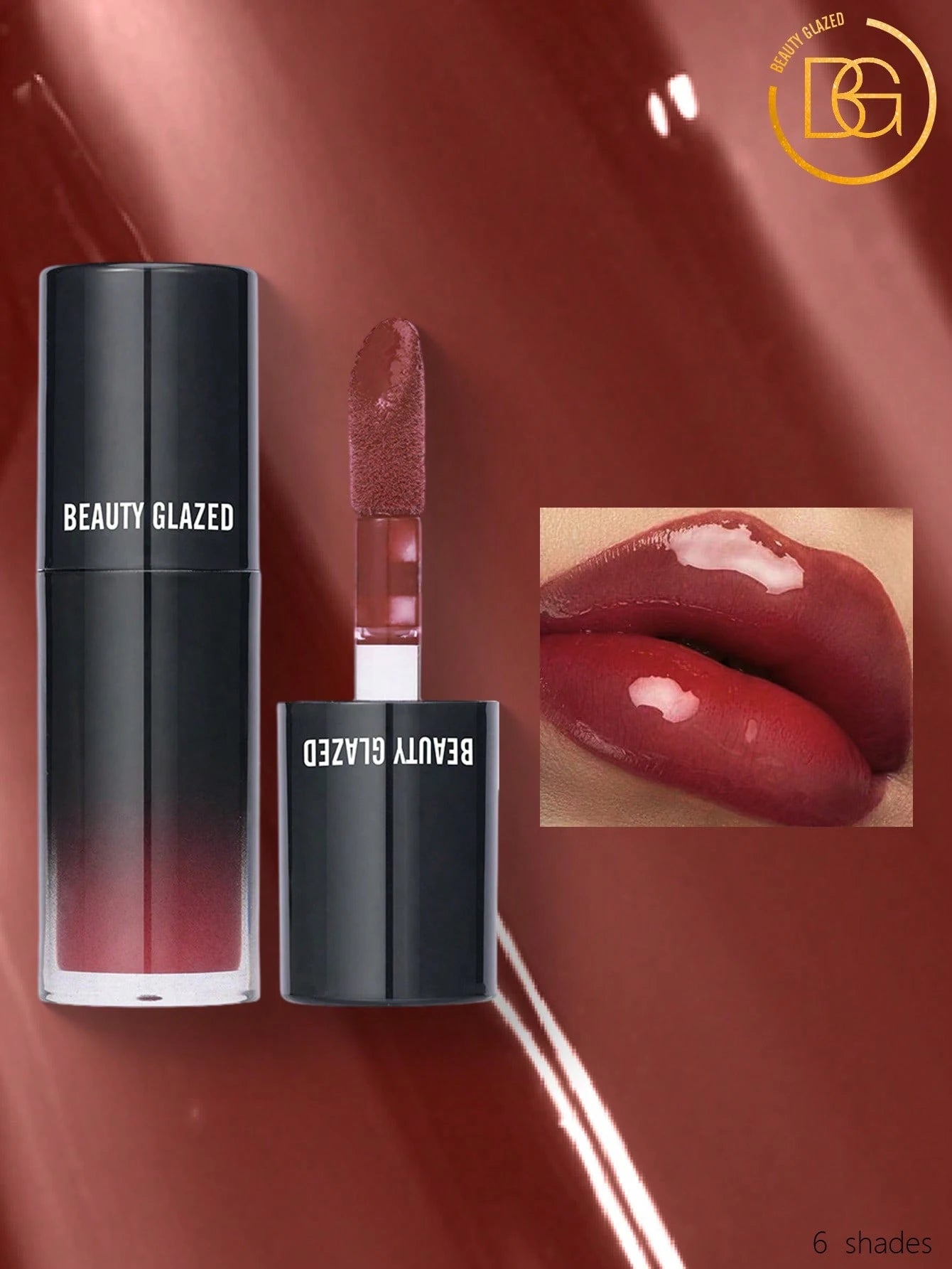 Beauty Glazed lipstick with applicator and close-up of lips wearing the product on a red background
