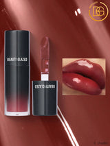 Beauty Glazed lipstick with applicator and close-up of lips wearing the product on a red background