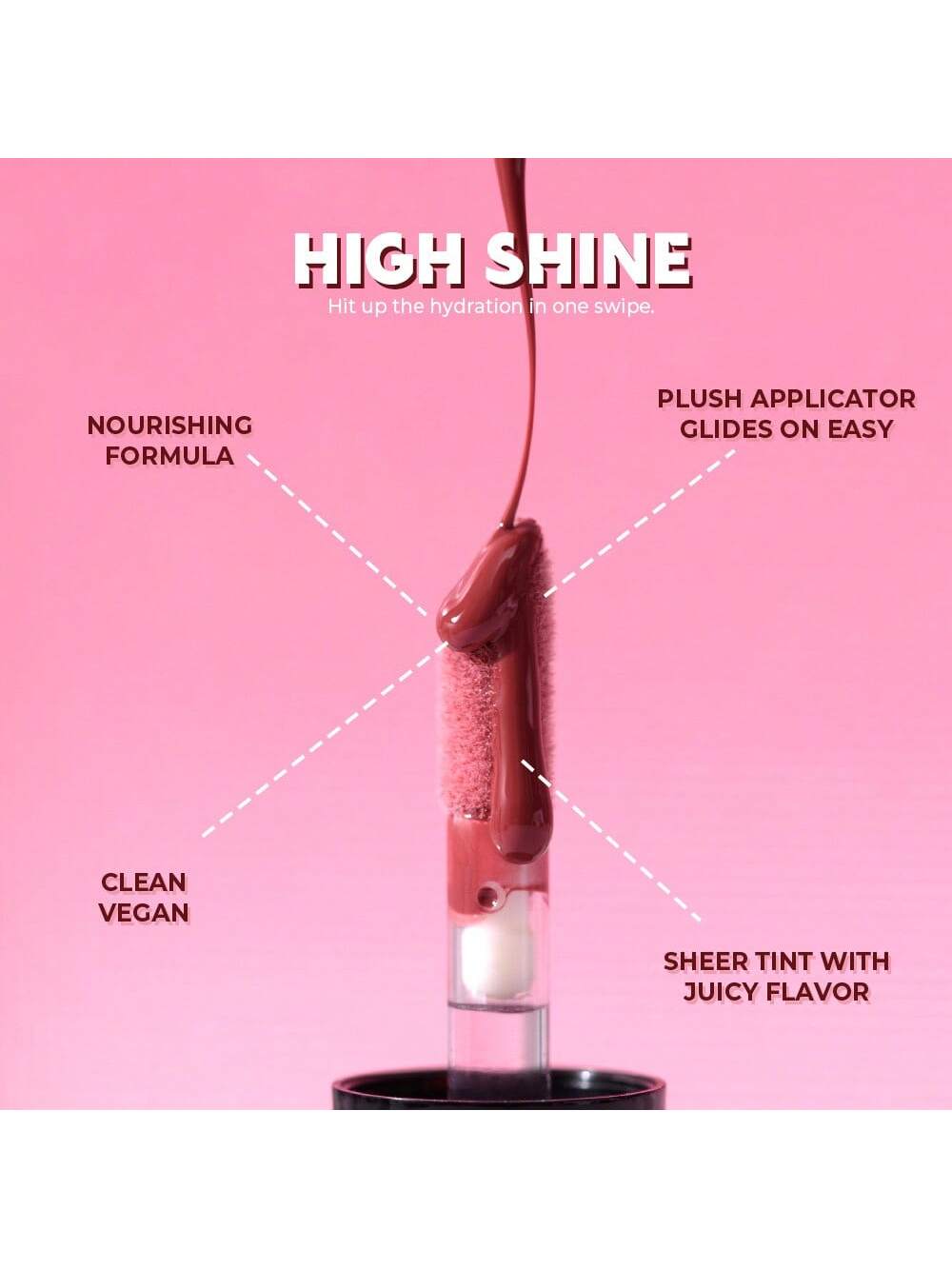 Cosmetic product with features highlighted on a pink background