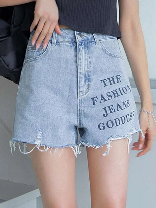 Shein DAZY Letter Graphic Raw Hem Denim Shorts