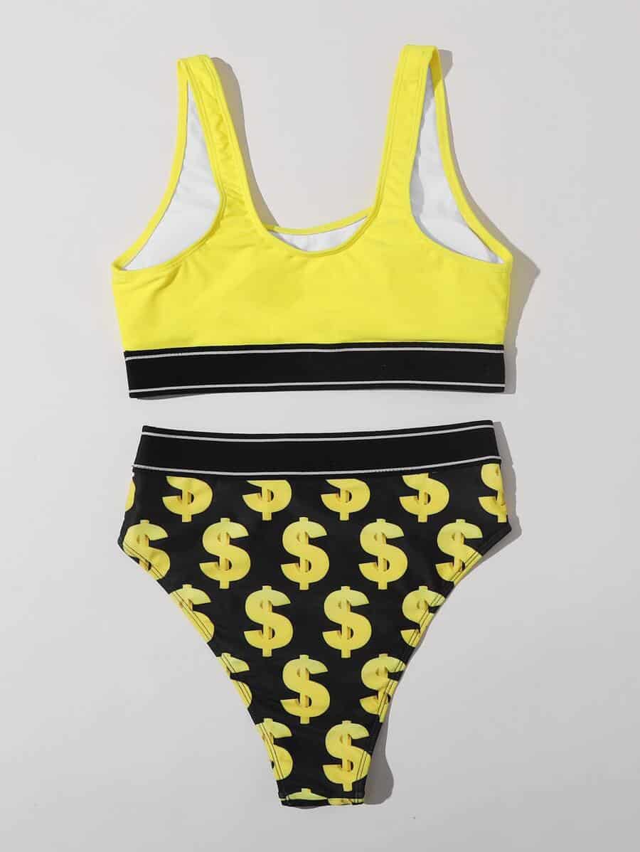 Shein  Dollar Print High Waisted Bikini Swimsuit