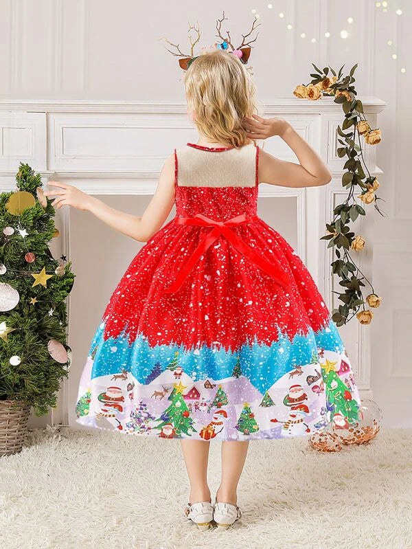 Shein Girls Christmas Santa Claus &amp; Snowman Print Belted Gown Dress