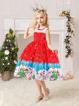 Shein Girls Christmas Santa Claus &amp; Snowman Print Belted Gown Dress