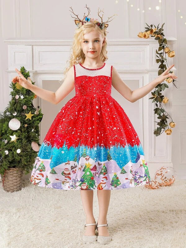 Shein Girls Christmas Santa Claus & Snowman Print Belted Gown Dress