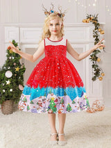 Shein Girls Christmas Santa Claus & Snowman Print Belted Gown Dress