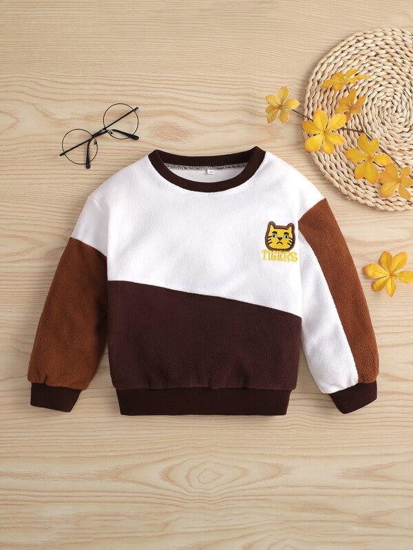 Shein Toddler Boys Color Block Letter & Tiger Embroidery Fleece Pullover