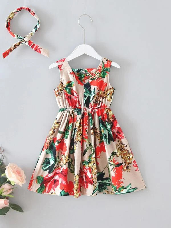 فستان شي إن للبنات الصغيرات بطبعة نباتات مع ربطة رأس 