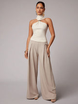 SHEIN Silquee Women's Solid High-Aged Metal Decoration Ruched Halter Neck Slim Top