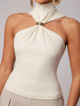 SHEIN Silquee Women's Solid High-Aged Metal Decoration Ruched Halter Neck Slim Top
