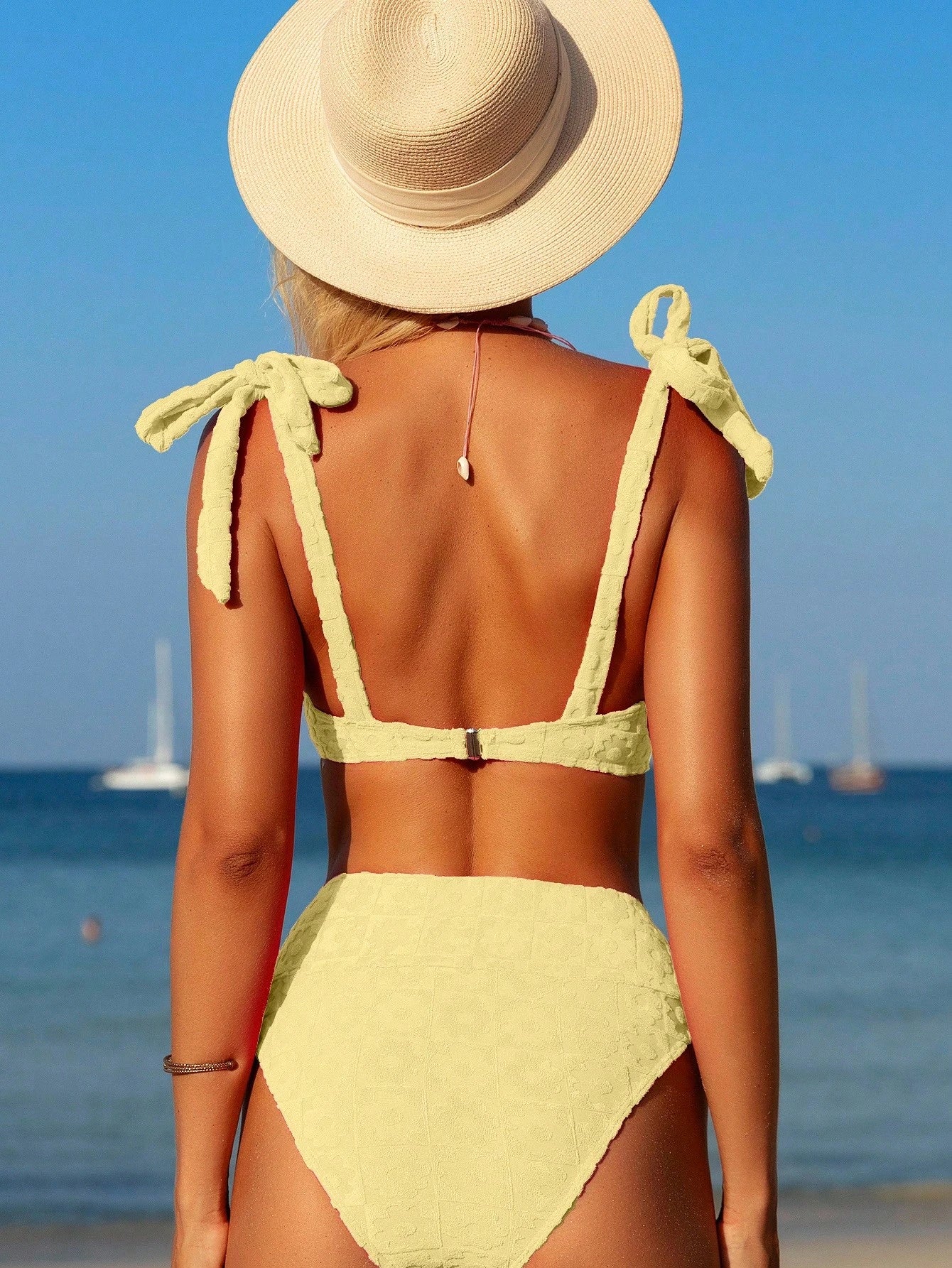SHEIN Swim Mod Women's Solid Yellow Shoulder Knot Sexy Bikini Set For Summer Beach, Bathing Suit