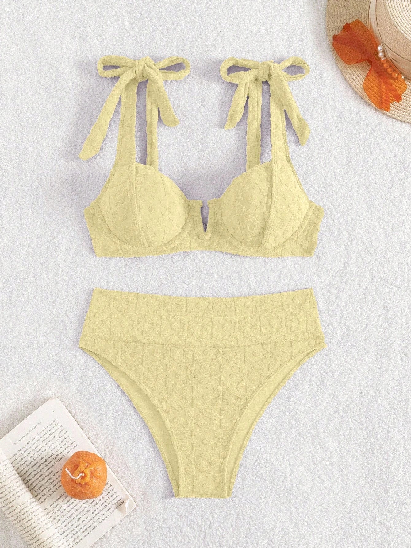 SHEIN Swim Mod Women's Solid Yellow Shoulder Knot Sexy Bikini Set For Summer Beach, Bathing Suit