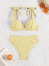 SHEIN Swim Mod Women's Solid Yellow Shoulder Knot Sexy Bikini Set For Summer Beach, Bathing Suit