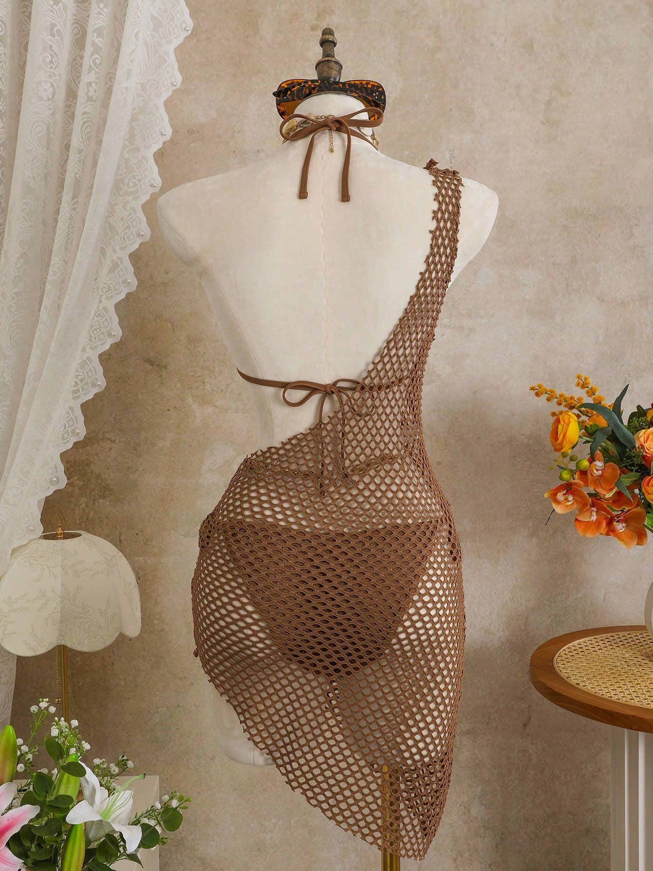 SHEIN Swim SXY 3pcs Set Special Fabric Halter Bra Top, Tie Pants, Mesh Dress Elegant Swimwear Set