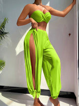 SHEIN Swim Vcay New Solid Color Long Pants + Bandeau Bikini Set,Summer Beach