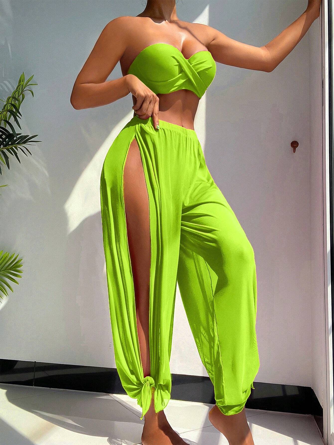 SHEIN Swim Vcay New Solid Color Long Pants + Bandeau Bikini Set,Summer Beach
