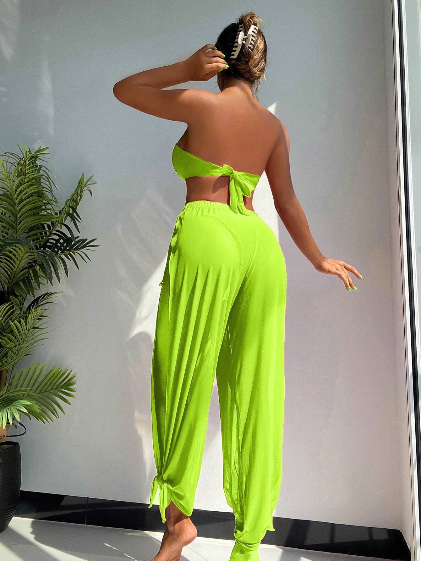 SHEIN Swim Vcay New Solid Color Long Pants + Bandeau Bikini Set,Summer Beach
