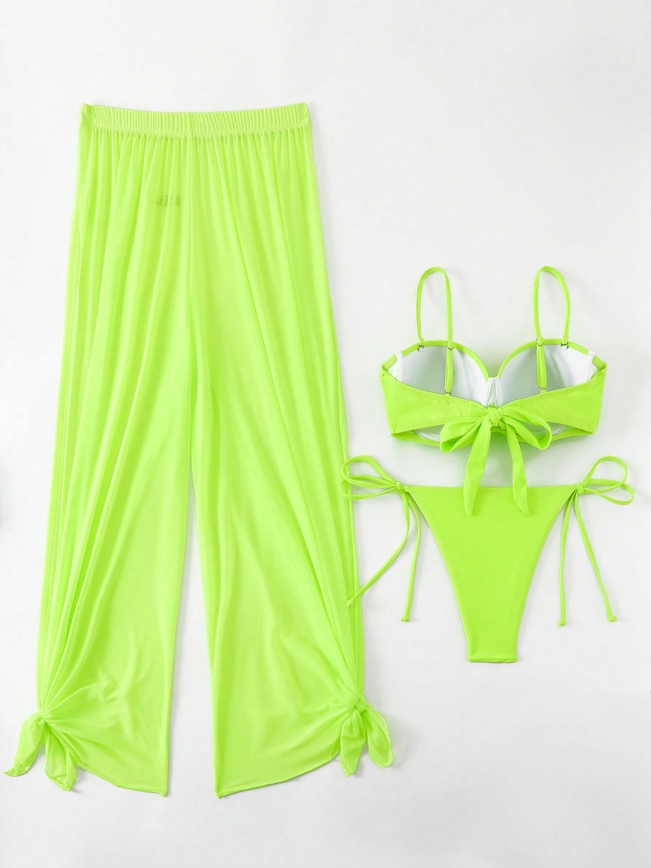 SHEIN Swim Vcay New Solid Color Long Pants + Bandeau Bikini Set,Summer Beach