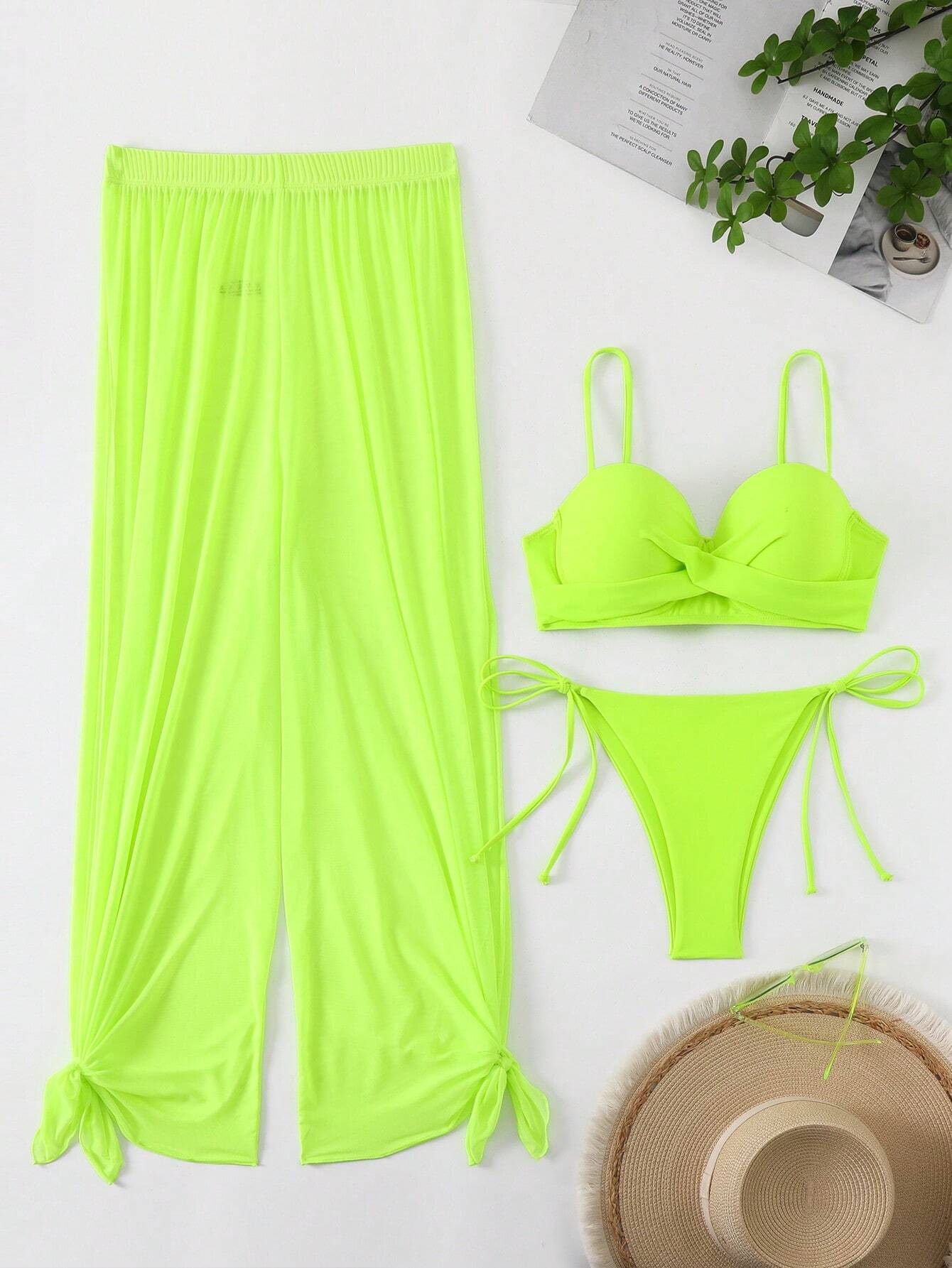 SHEIN Swim Vcay New Solid Color Long Pants + Bandeau Bikini Set,Summer Beach