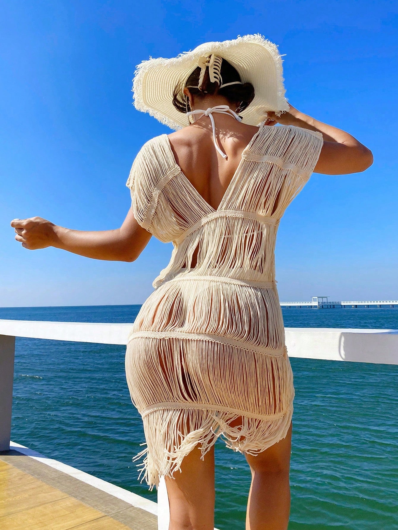 SHEIN Swim Vcay Women's Beach Summer Vacation Sexy & Elegant V-Neck Fringed Hollow Knitted Cover Up Dress For Swimsuit