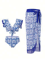 SHEIN Swim Vcay Women's Vacation Floral Printed Bikini Set With Ruffled Edges And A Matching Cover-Up Skirt (Random Print) Summer