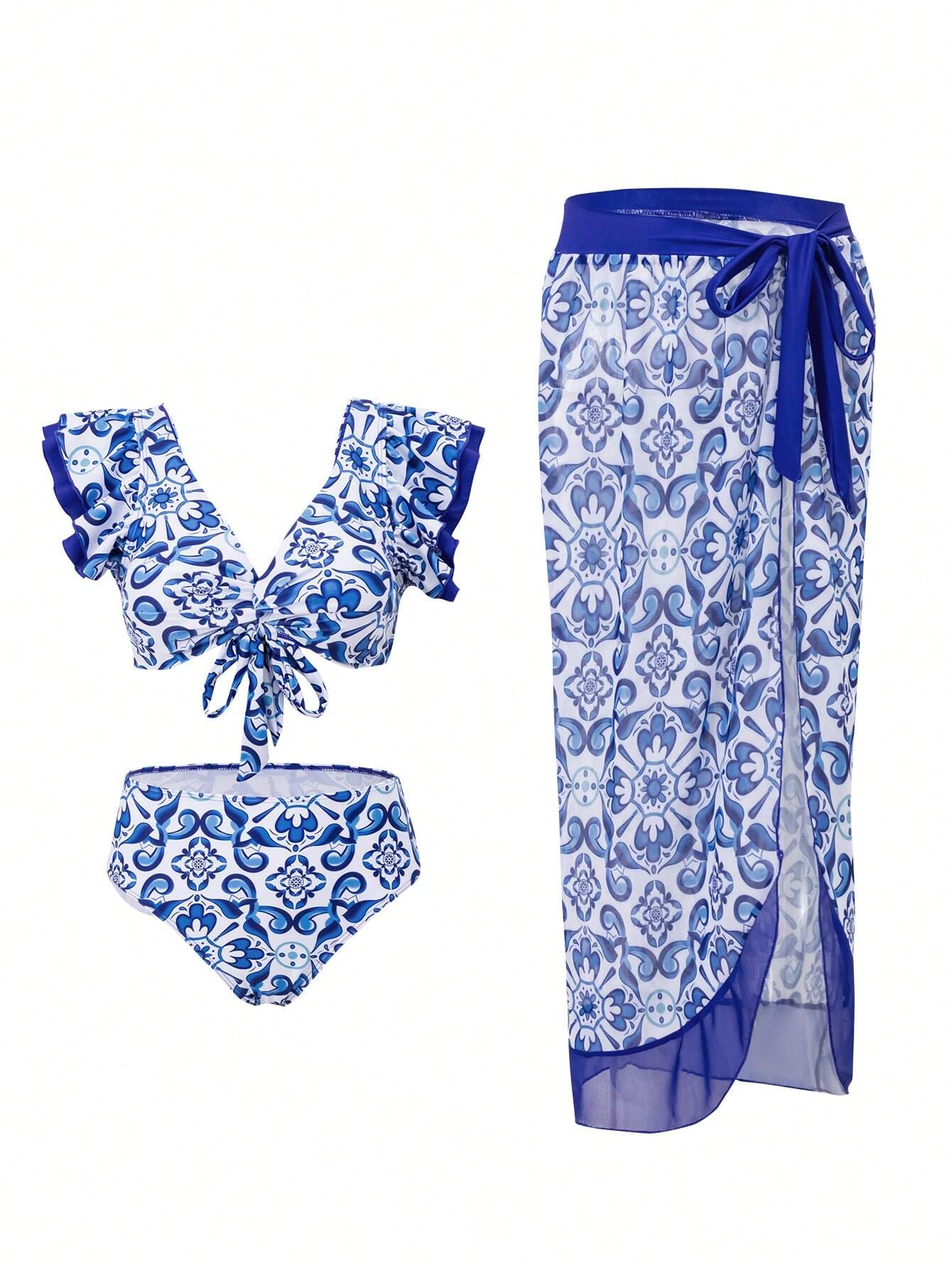 SHEIN Swim Vcay Women's Vacation Floral Printed Bikini Set With Ruffled Edges And A Matching Cover-Up Skirt (Random Print) Summer