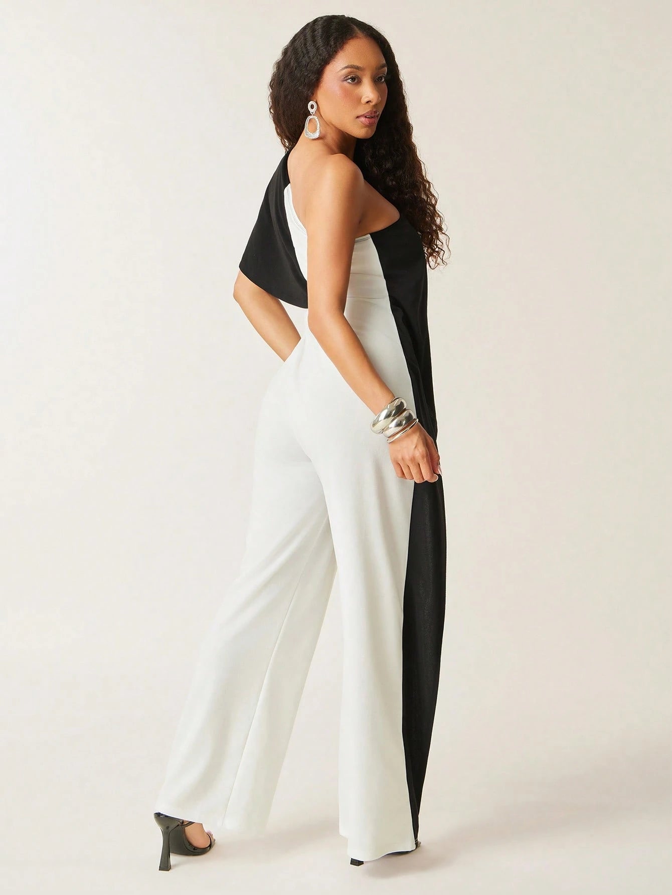 Vixey Two Tone Color Block One Shoulder Drape Detail Wide Leg Jumpsuit, Summer Dresses