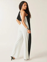 Vixey Two Tone Color Block One Shoulder Drape Detail Wide Leg Jumpsuit, Summer Dresses