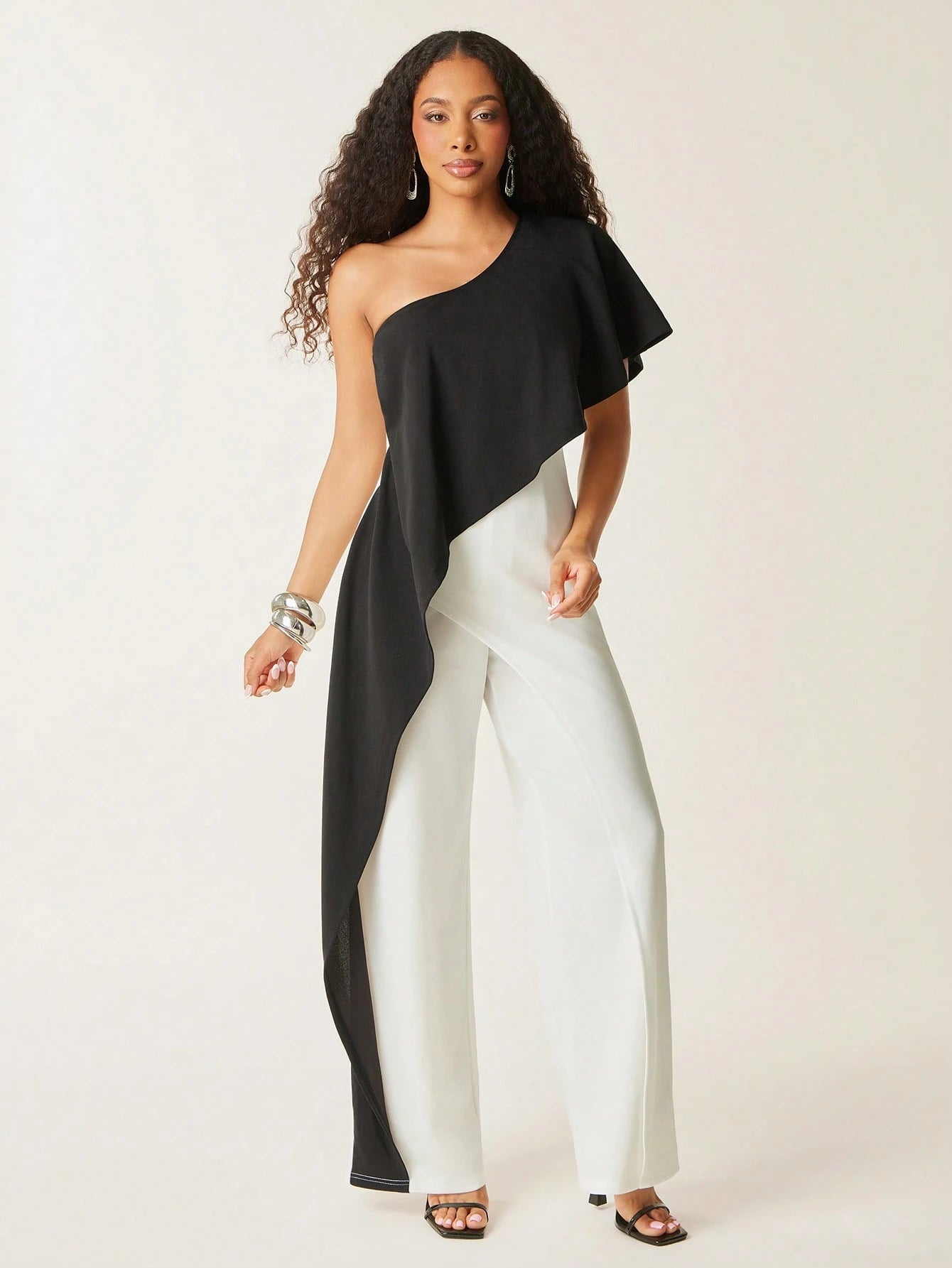 SHEIN Vixey Two Tone Color Block One Shoulder Drape Detail Wide Leg Jumpsuit Dresses