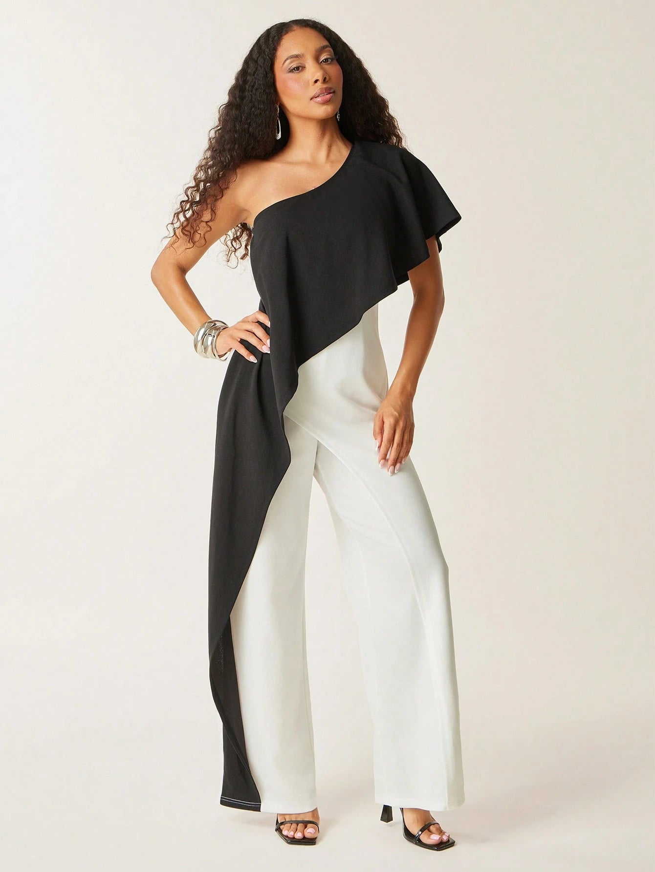 SHEIN Vixey Two Tone Color Block One Shoulder Drape Detail Wide Leg Jumpsuit Dresses