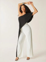 Vixey Two Tone Color Block One Shoulder Drape Detail Wide Leg Jumpsuit, Summer Dresses