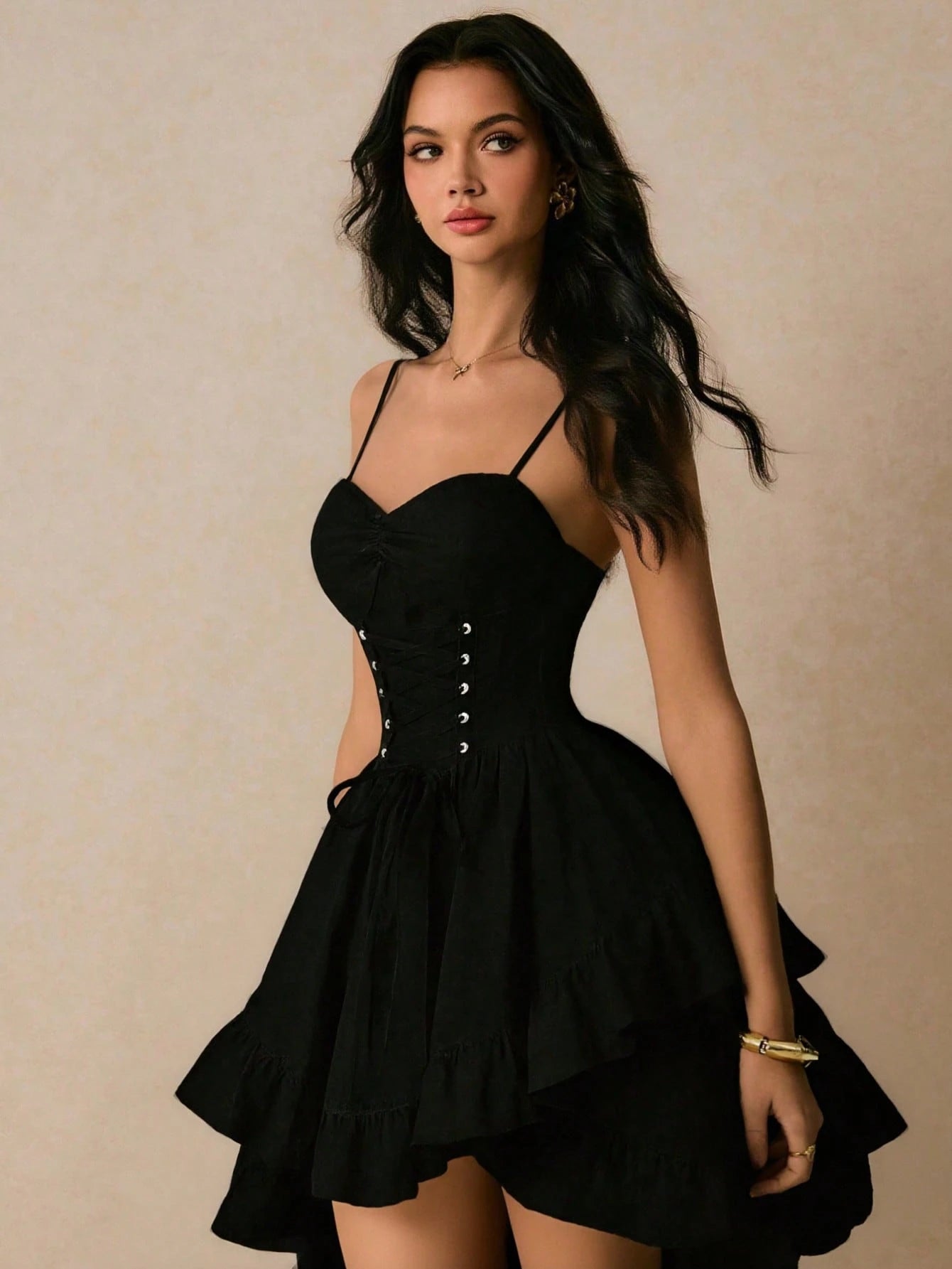 SHEIN Black Solid Color Elegant Casual Spaghetti Strap Dress