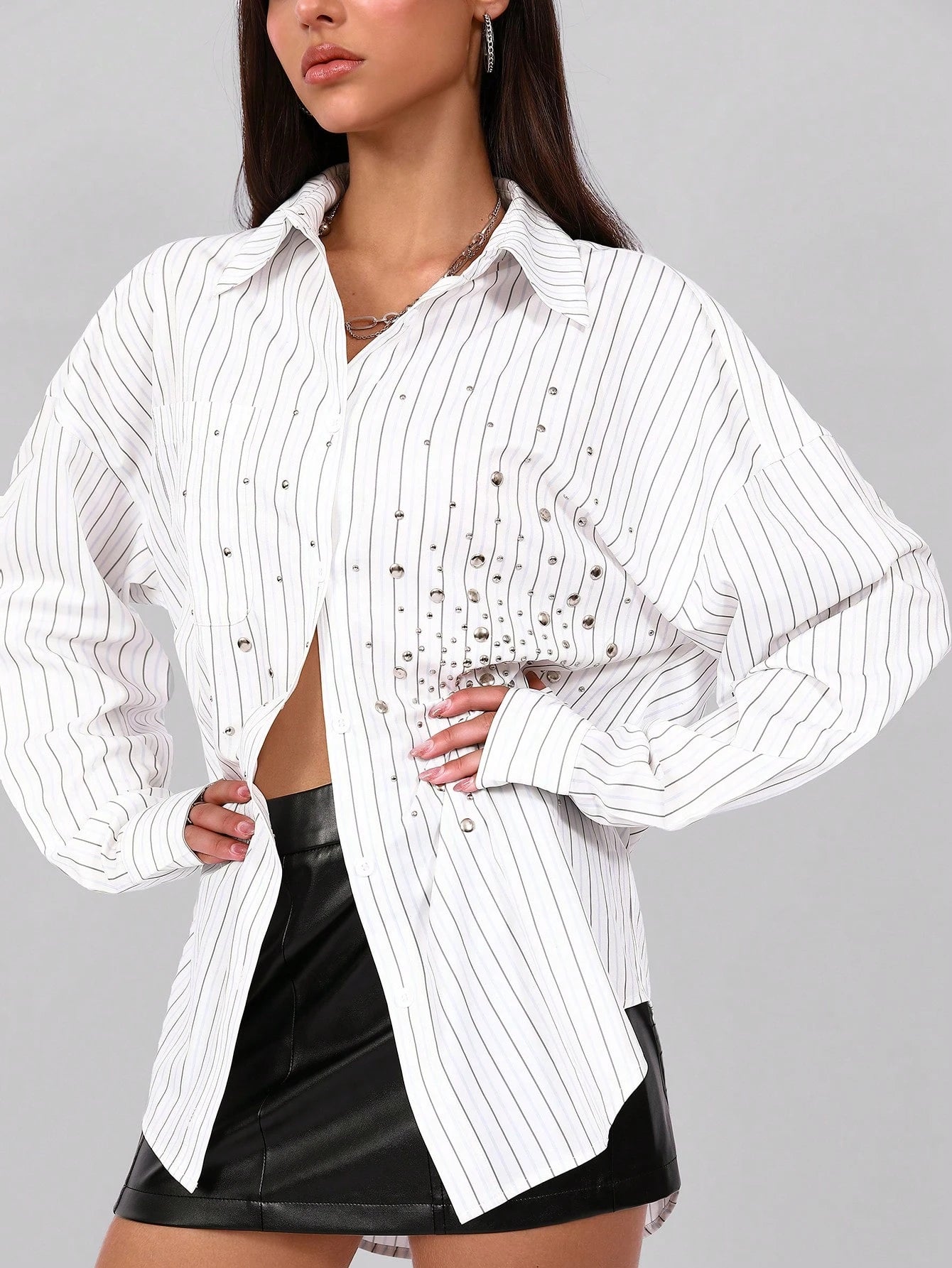 SHEIN Oversized Rhinestone Embellished Loose Striped Long Shirt