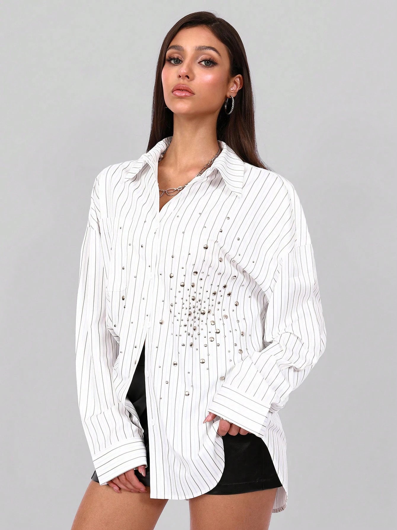 SHEIN Oversized Rhinestone Embellished Loose Striped Long Shirt