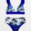 Palm Tree Print Ruffle Hem Bikini Swimsuit