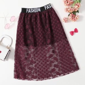 SHEIN Girls Letter Tape Floral Embroidery Mesh Skirt