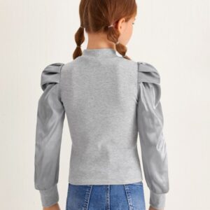 Alternative view of SHEIN Girls Mock Neck Gigot Sleeve Rib-knit Top
