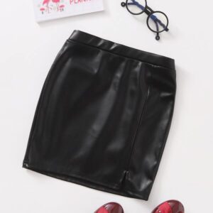 SHEIN Girls Slit Hem PU Leather Skirt