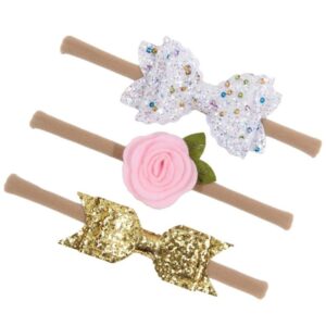 SHEIN Newborn Girl Photography 3pcs Sequin Bow And Stereo Floral Headband