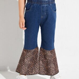 SHEIN Toddler Girl Contrast Leopard Hem Flared Jeans