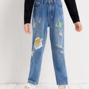 Girls Letter Graphic Ripped Jeans