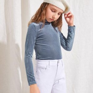 SHEIN Girls Stand Neck Velvet Fitted Tee
