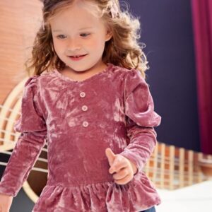 SHEIN Toddler Girls Single Breasted Gigot Sleeve Ruffle Hem Velvet Tee