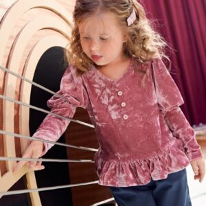 Alternative view of SHEIN Toddler Girls Single Breasted Gigot Sleeve Ruffle Hem Velvet Tee