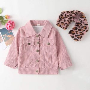 SHEIN Toddler Girls Button Front Corduroy Jacket With Leopard Borg Collar