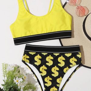 Shein Dollar Print High Waisted Bikini Swimsuit