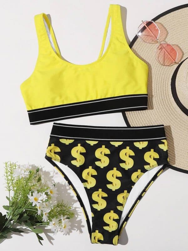 Shein Dollar Print High Waisted Bikini Swimsuit