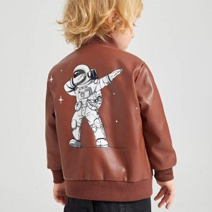 SHEIN Toddler Boys Astronaut Print PU Leather Jacket