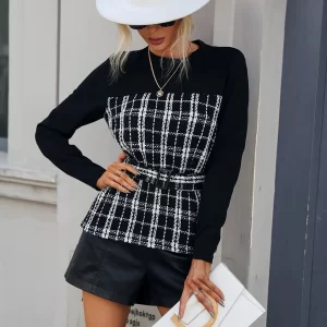 SHEIN Plaid Contrast Tweed Panel Belted Top