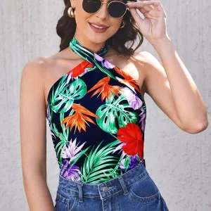 SHEIN Tie Backless Tropical Print Halter Top